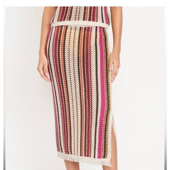 Old Navy Knit Open Stitch Midi Skirt Striped Pink Brown White Womens Size Medium - Picture 1 of 7